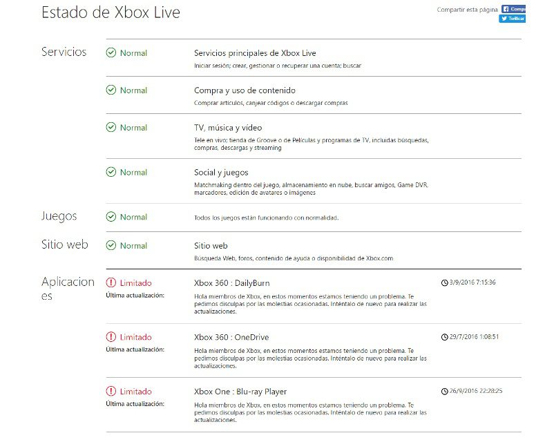 Captura del estado de  Xbox Live actual.