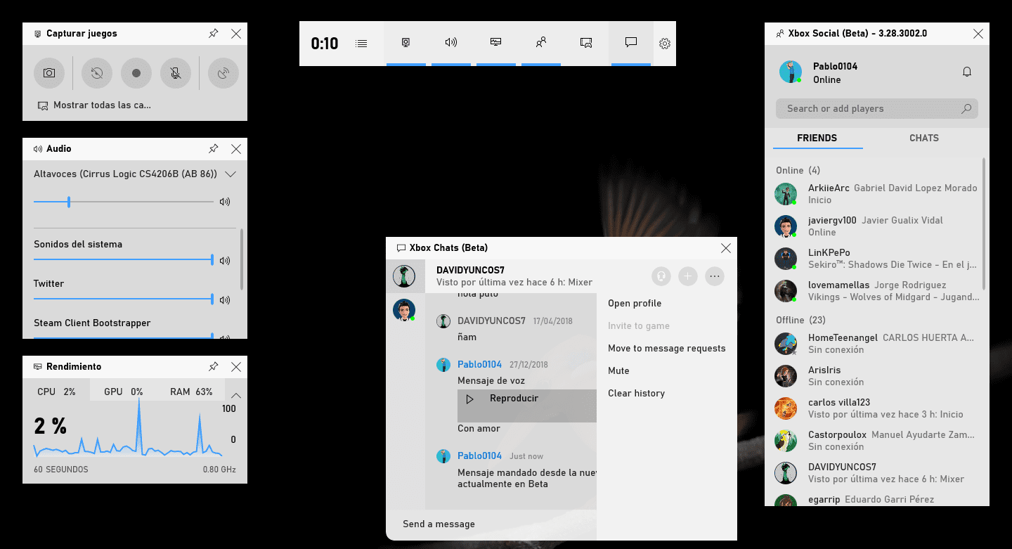 Mensajes desde la Barra de Juego de Windows 10 