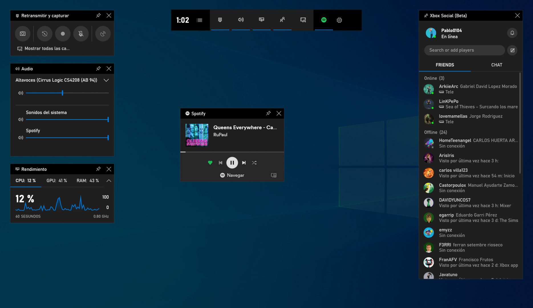 Spotify en la Barra de Juegos de Windows 10 May 2019 Update