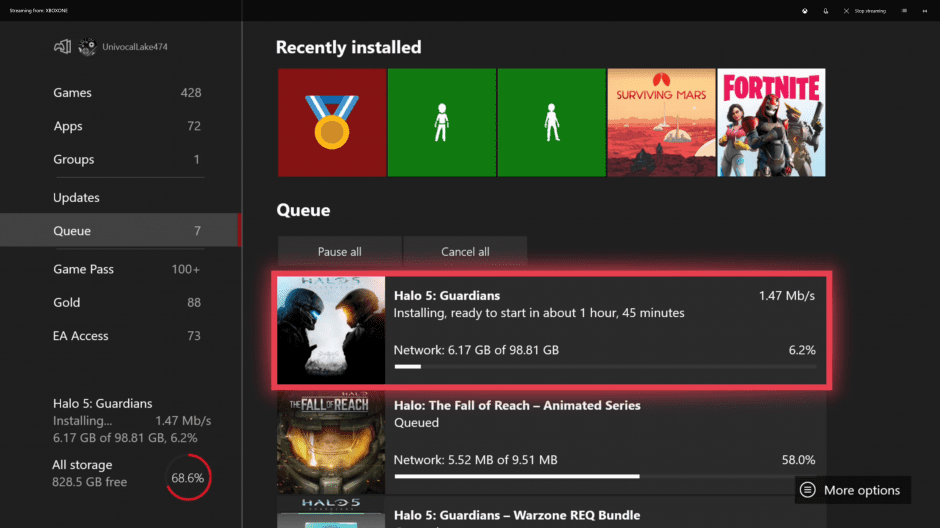 Cola de descargas de la actualización de agosto de Xbox One y 1910