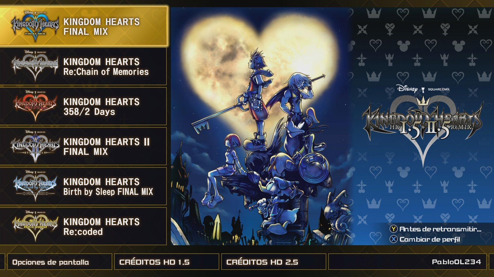 Kingdom Hearts 1.5 + 2.5 ReMIX HD Home screen