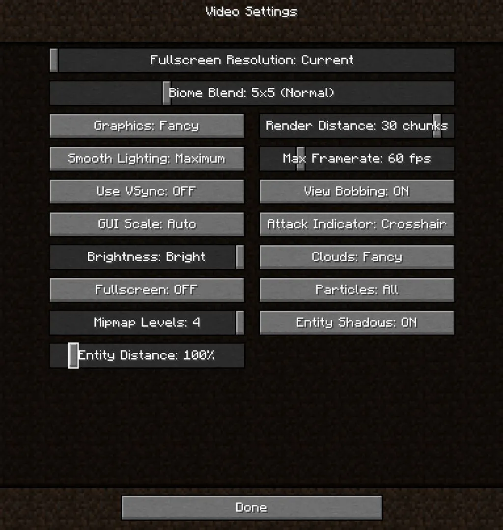 Opción de la distancia de entidades en la configuración en Minecraft Nether Update Snapshot 20W17A