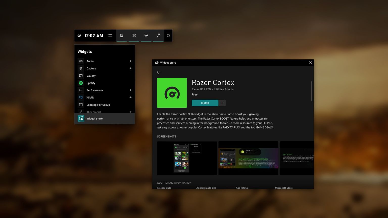 Tienda de Widget de la Xbox Game Barra de juego de Xbox en Windows 10