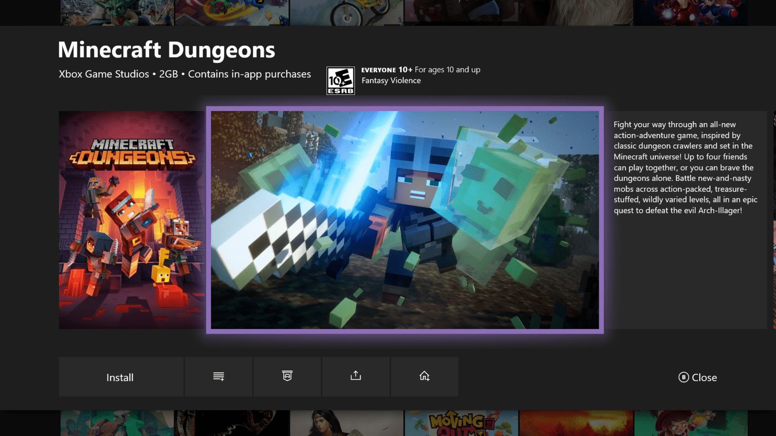 Minecraft Dungeons en la nueva tarjeta de mis juegos y aplicaciones de la actualización de Insider de XBox One