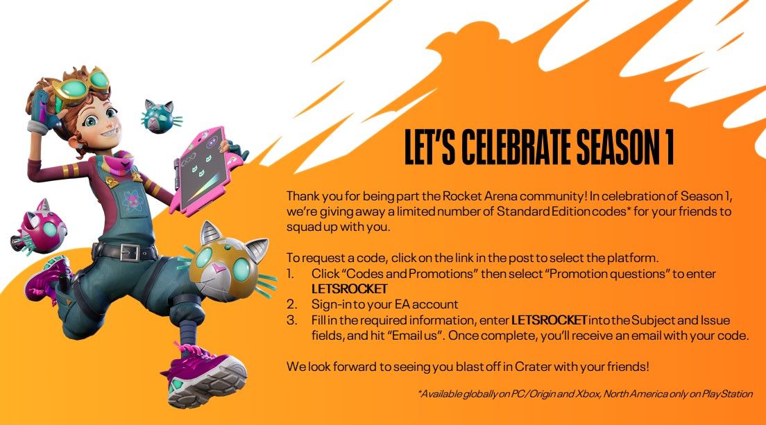 Consigue GRATIS códigos para Rocket Arena - Con motivo de la celebración de la temporada 1 de ROcket Arena EA regalará algunos códigos con la edición estándar del juego a quienes envíen un ticket por la página de contacto de EA.