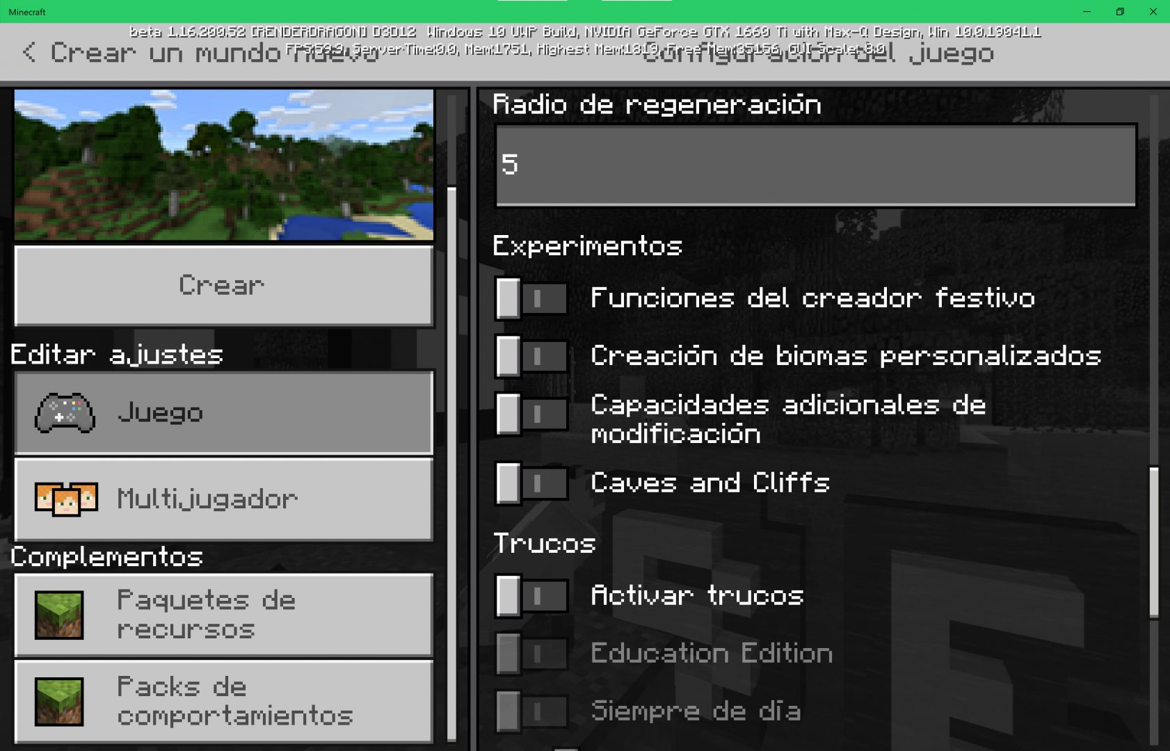 Minecraft activar cuevas y acantiladosen las funciones experimentales