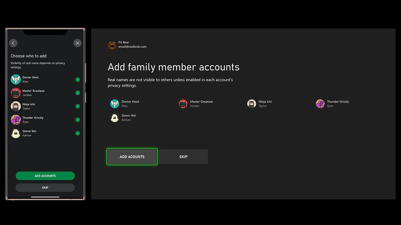 Add family accounts to the Xbox Series X console setup