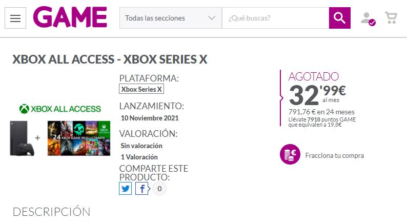 Xbox All Access llega a GAME España... y se agota en minutos - Xbox All Access llega a España a través de Videojuegos GAME y antes de que se anuncie oficialmente, se ha agotado.