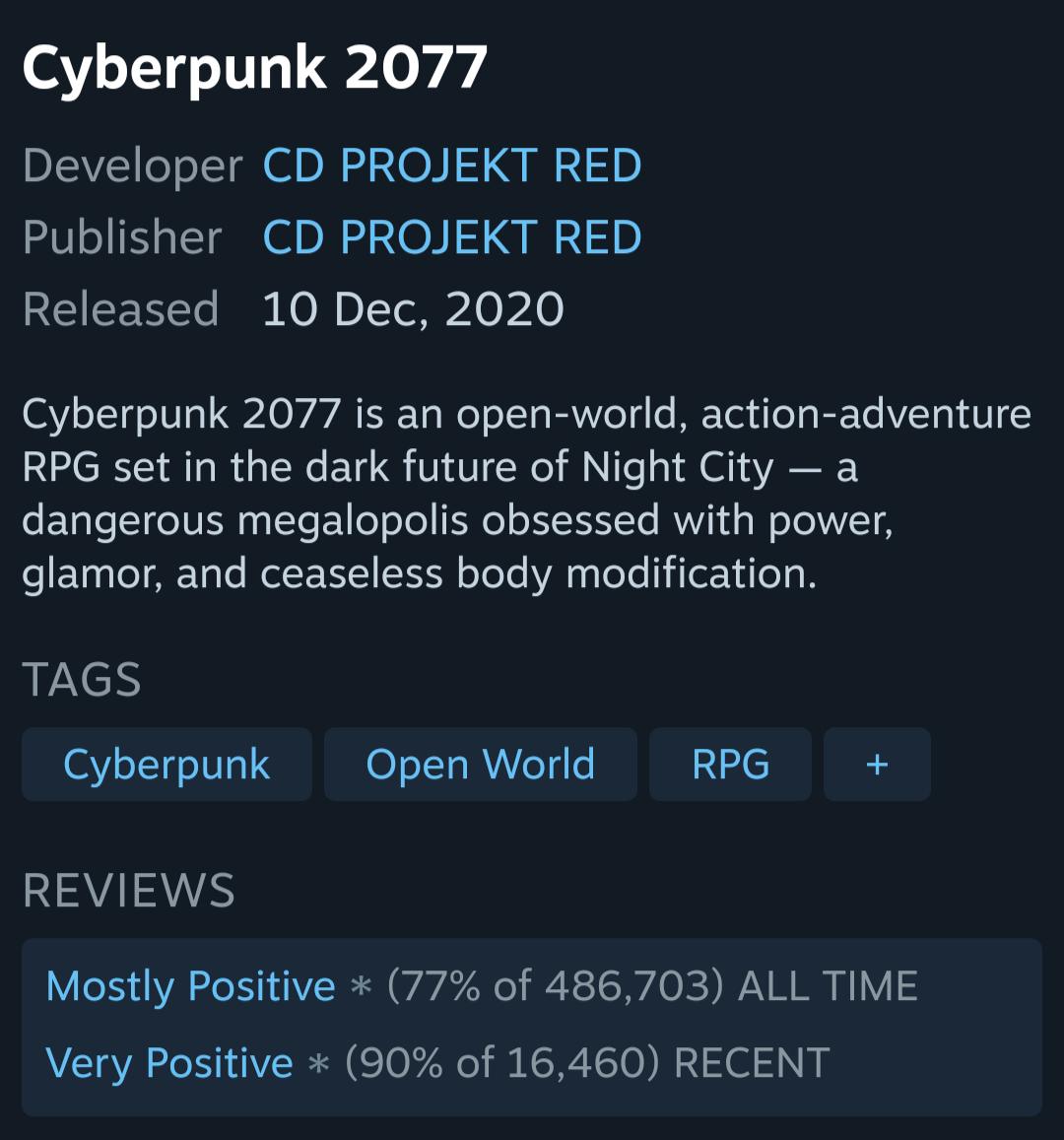 cyberpunk 2077 steam reviews