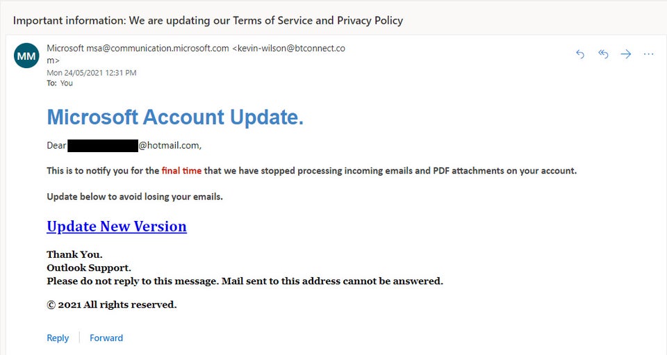 Ejemplo de correo malicioso en Outlook.